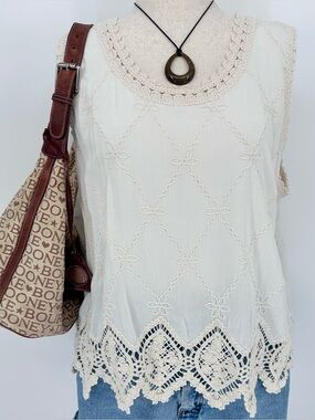 Boho Crochet Lace Top Ivory Cottagecore Embroidered Tank XL